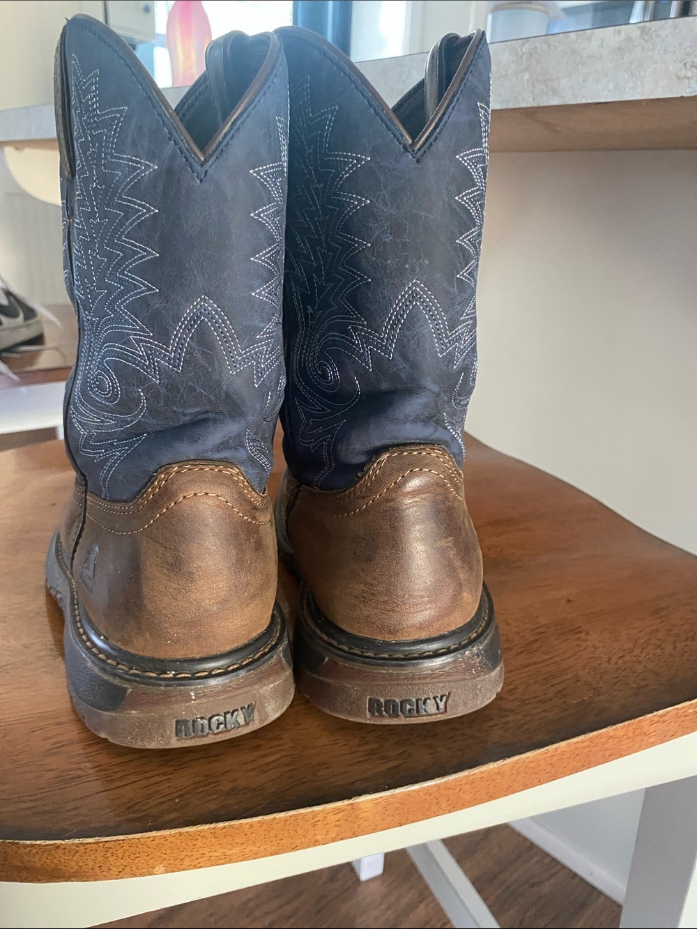 Rocky Brown Foot with Blue Embroidered Shaft Cowboy Boots - Picture 4 of 6